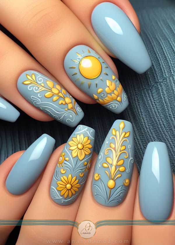 طراحی ناخن آبی و زرد