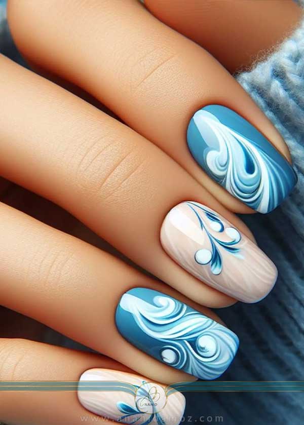 ناخن های چرخشی آبی و سفید