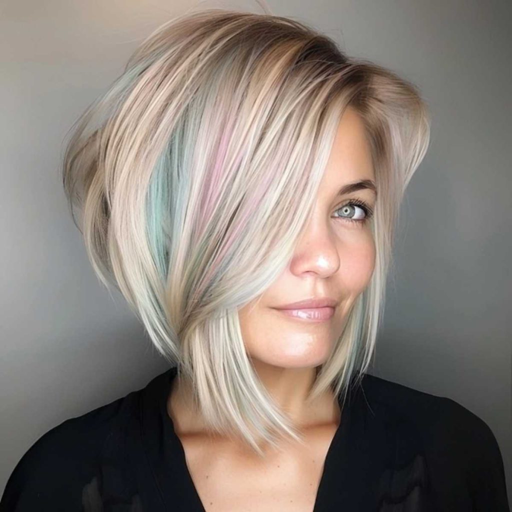 asymmetrical inverted bob with layers and pastel h